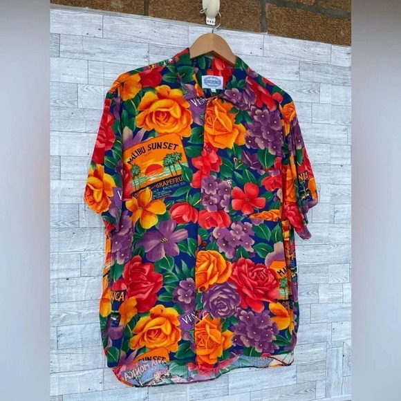 Jams World Santa Monica Floral Rayon Hawaiian Shirt Mens L Surf Line USA large - Picture 3 of 14